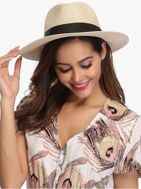Straw Fedora Hat with Black Band - Cream